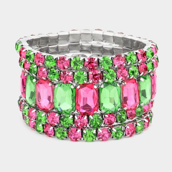 Pink & Green Emerald Cut Crystal Wide Stretch Bracelet 5 Pcs Bling 1.75 Inches - Picture 1 of 3